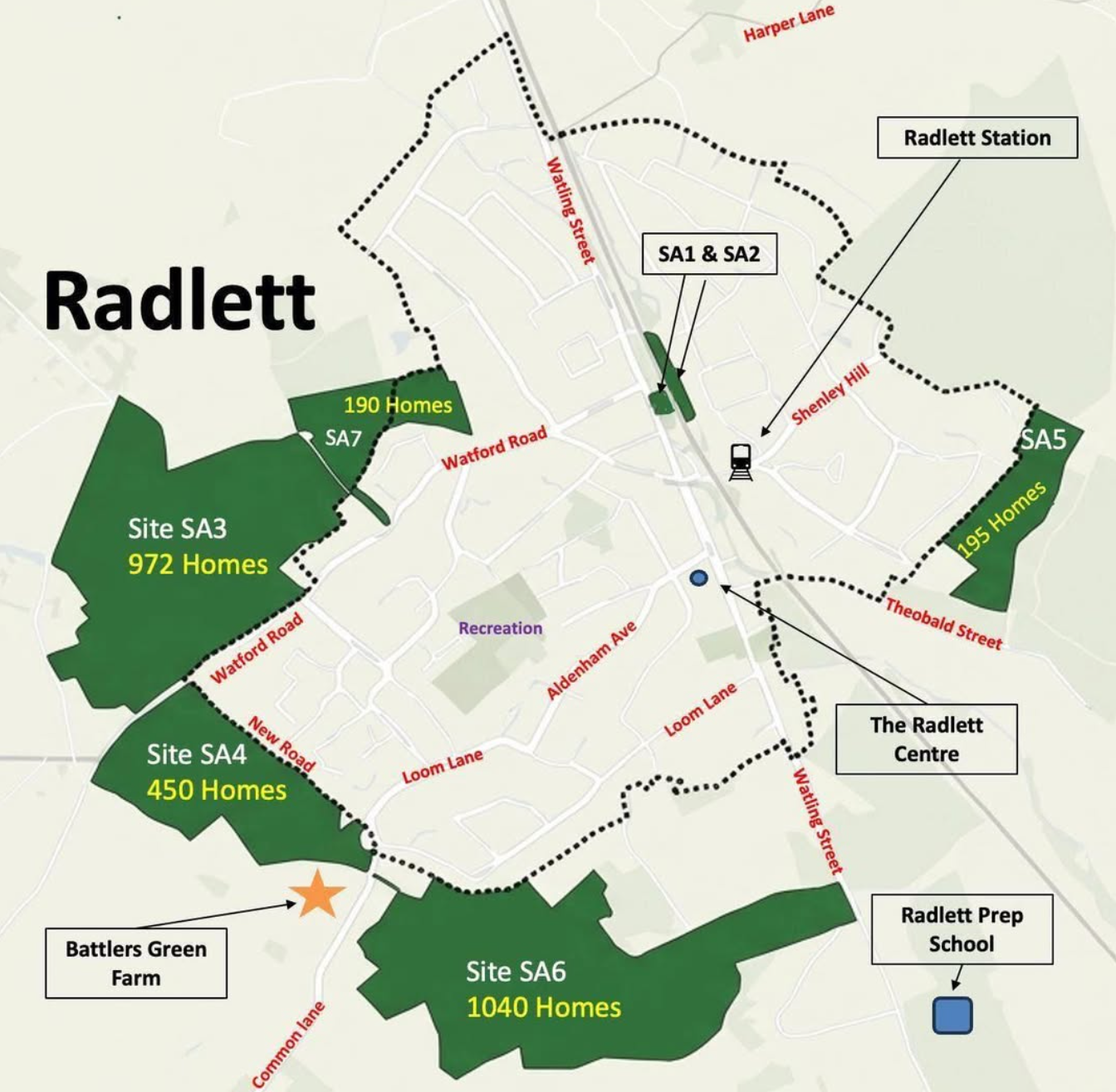 Map of Radlett showing the seven candidate sites (SA1 to SA7) proposed in the 2026 draft Hertsmere Local Plan, with the village core, road network, Radlett station, Battlers Green Farm, the Radlett Centre and Radlett Prep School labelled.